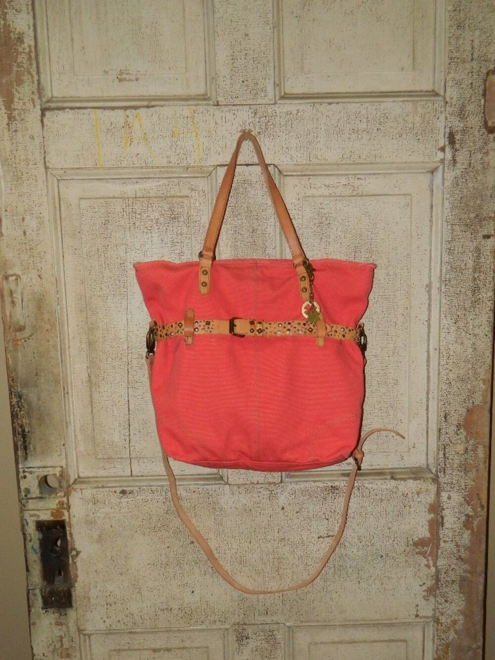 Lucky Brand Orange Salmon Color Canvas Studded Crossbody Tote Bag